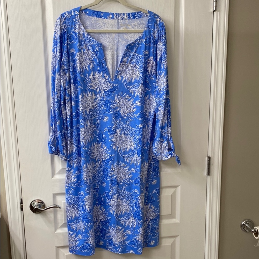 Vibrant Blue Dress with White Floral Design